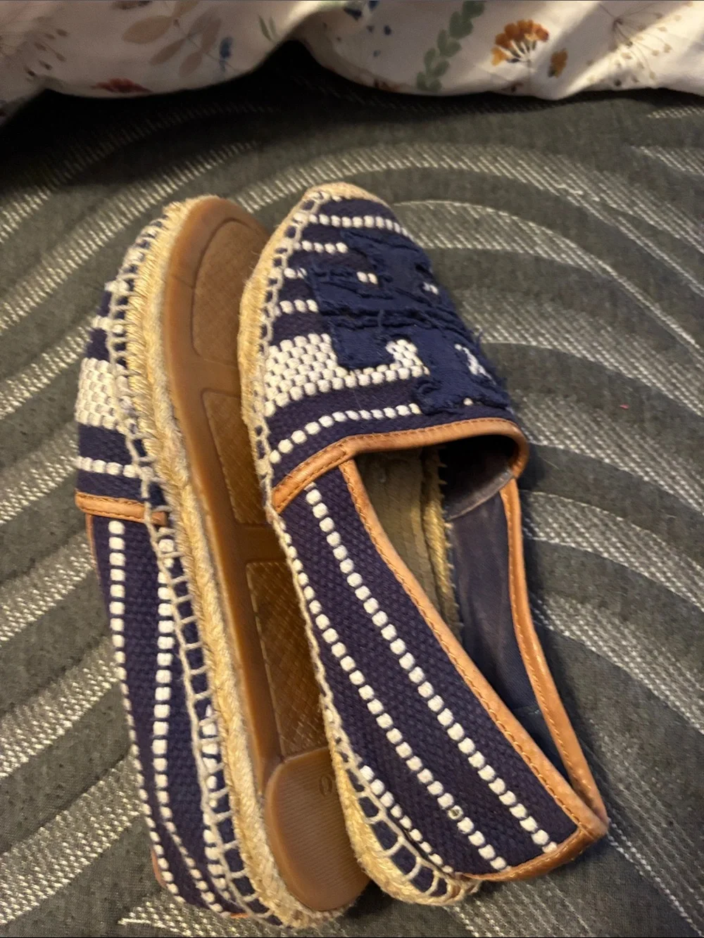 Tory Burch Blue Shaw Espadrilles Cotton/Vegan Leather Shoes size 9